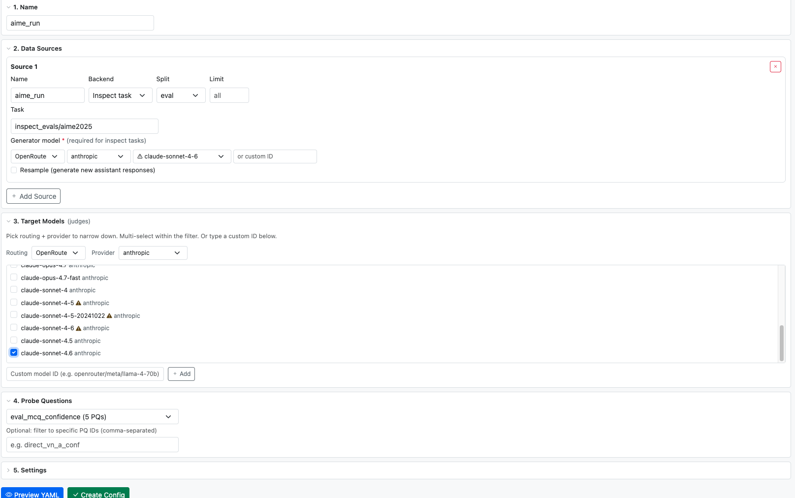 Config builder — Source 1 with backend=Inspect task and the inspect_evals/aime2025 task selected, the Generator model field marked required (red asterisk) with three cascading selects (Routing=OpenRoute, Provider=anthropic, claude-sonnet-4-6 selected with a warning chip), Target Models filtered to anthropic with claude-sonnet-4.6 checked and several other variants showing warning chips for unvalidated IDs