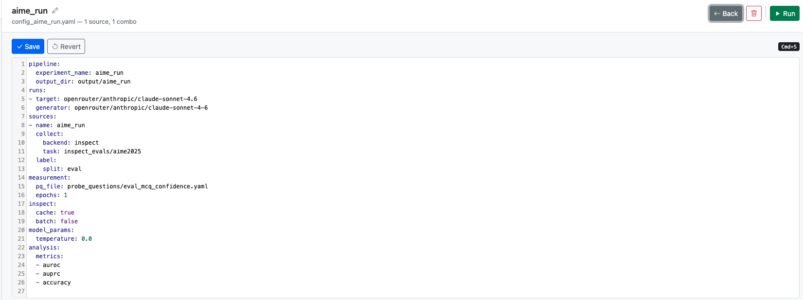 CodeMirror YAML editor with aime_run's config: pipeline, runs, sources, measurement, inspect, model_params, analysis sections with syntax highlighting and line numbers; Save and Revert buttons above the editor, Cmd+S hint