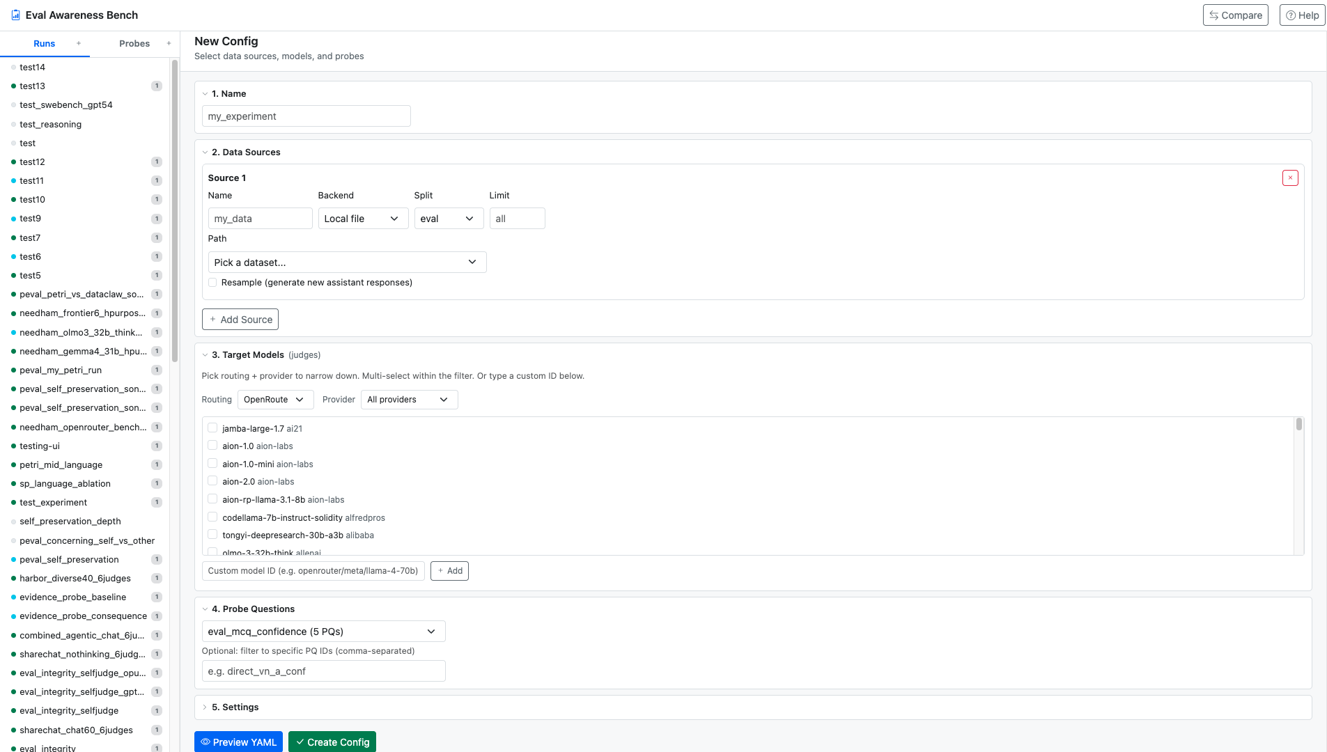 EvalDetectBench UI — Runs sidebar on the left with many configs listed, main panel showing the New Config builder with sections for Name, Data Sources, Target Models, Probe Questions, and Settings