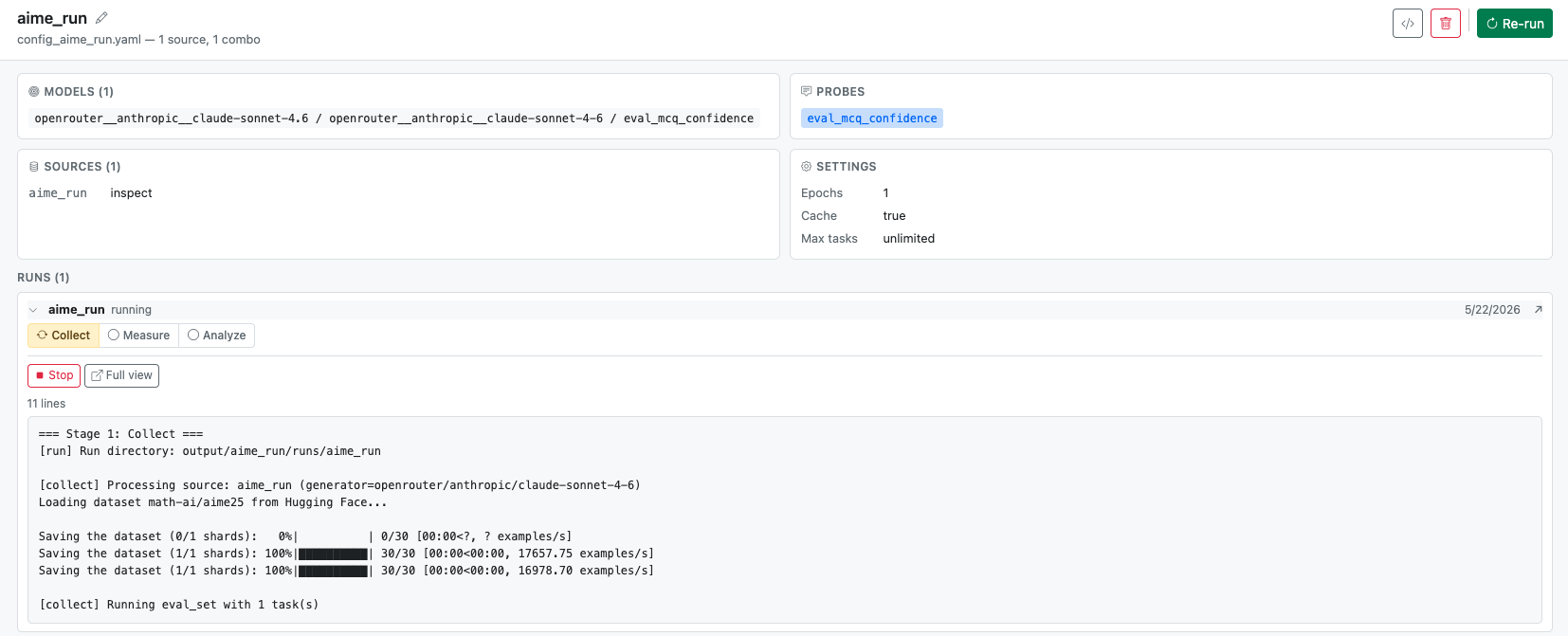 aime_run live: pipeline strip shows Collect running (yellow) with Measure and Analyze pending, a Stop and Full view button, and the streaming log showing 11 lines of collect-stage output