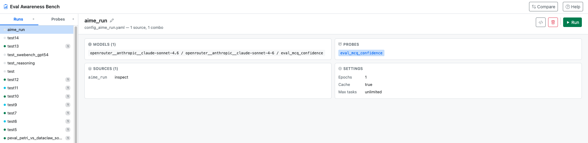 Config overview for aime_run: header shows config_aime_run.yaml, MODELS/PROBES/SOURCES/SETTINGS cards summarise the run, Run button at top-right